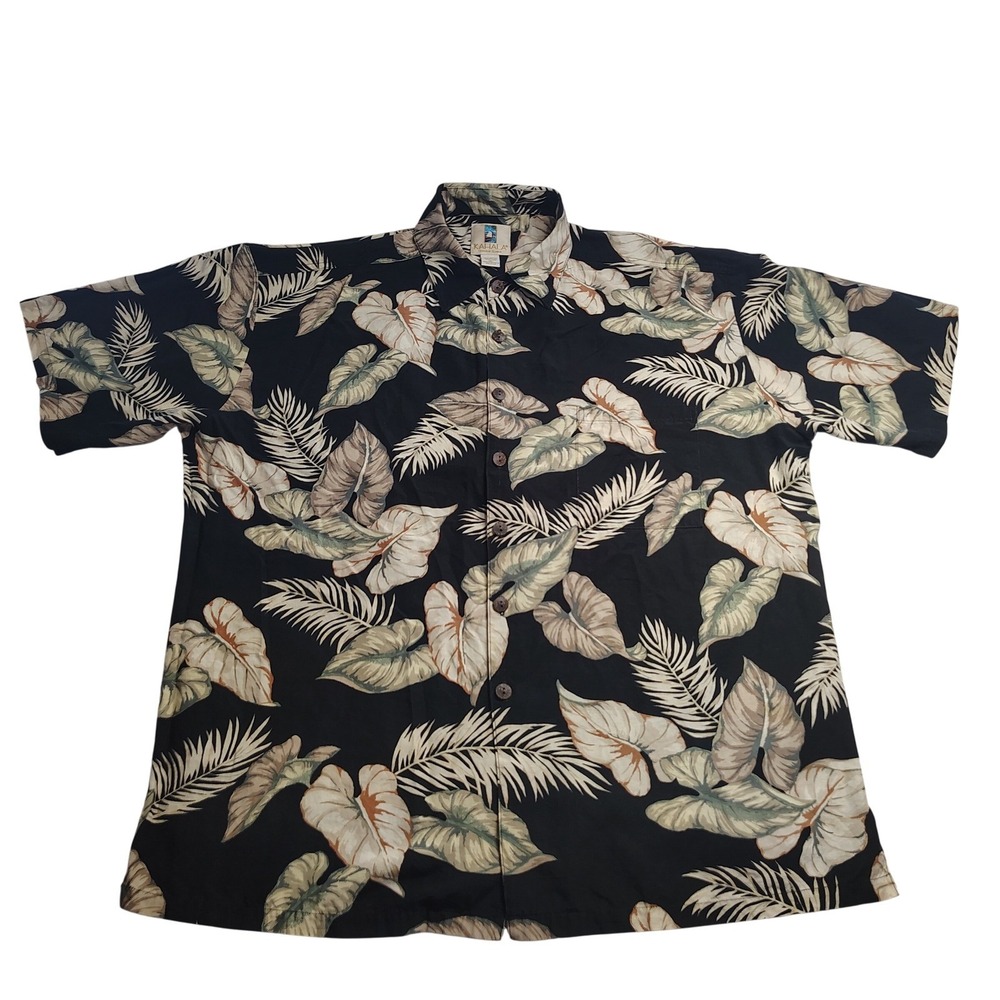 Kahala Mens XL Tropical Leaf Print Button Front Shirt Black Rayon Linen Blend - Picture 1 of 9